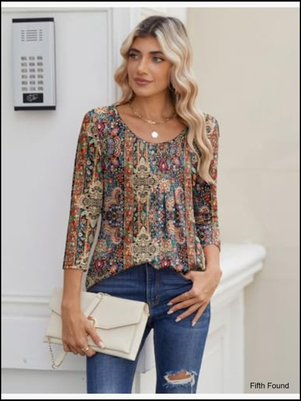 3/4 Sleeve Pleated Blouse Tunic Top Crew Neck - Picture 4 of 5
